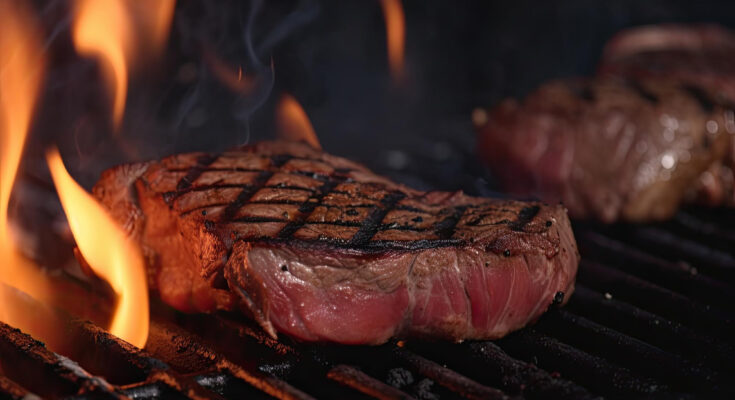 A imagem é a foto de um steak bovino, que está sendo preparado na grelha.