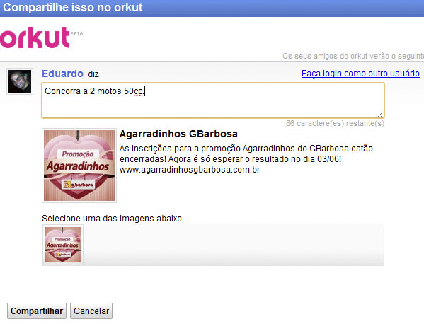 A imagem é a reprodução de uma publicação para compartilhamento da promoção no extinto Orkut.