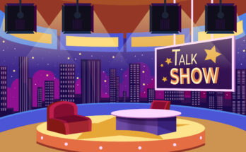 A imagem é uma ilustração do palco de um programa de talk show na televisão.