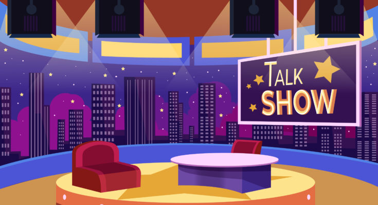 A imagem é uma ilustração do palco de um programa de talk show na televisão.